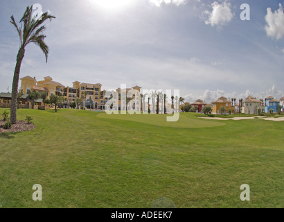 18. Grün und Intercontinental Hotel an einem Mar Menor Golf Resort Murcia Costa Calida, Süd Osten Spaniens Stockfoto