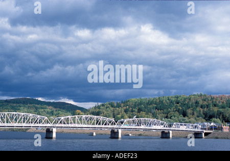 Perth Andover New Brunswick Kanada aus der Ferne mit borealen Wald im Hintergrund und St. John River Stockfoto