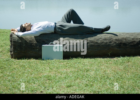 Geschäftsmann Nickerchen auf Baumstamm Stockfoto