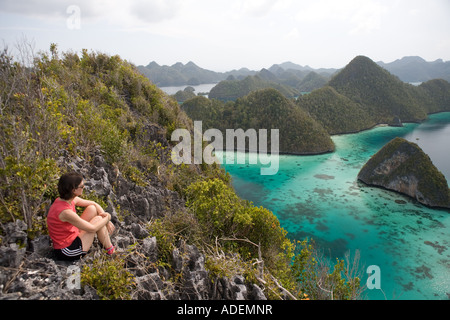 Blick von oben aus Kalkstein Inseln Raja Ampat ist atemberaubend. Stockfoto