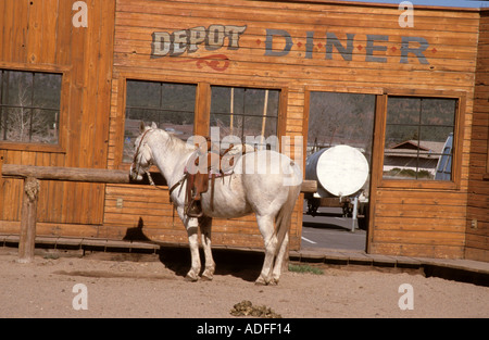 Williams Arizona USA Railroad Railway Station Depot Grand Canyon Railway wildes Westerscheinen Cowboy Sheriff Pferde Stockfoto