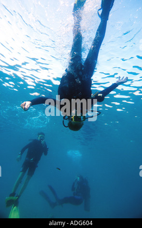 Junge Taucher Upside-down Dahab Sinai Rotes Meer Ägypten Lukas Hanna PADI Junior Open Water Kurs Kind 10 Jahre 13 Jahre alt Stockfoto