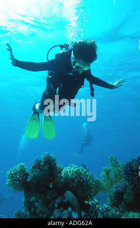 Junge 12 Taucher über ein Korallenriff auf Junior Open Wasser Kurs Dahab Sinai Rotes Meer Ägypten Jordanien Mayes Alter 12 Jahre alt Stockfoto