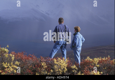 Wanderer sehen Alaska Range von Polychrome Pass DNP AK Stockfoto