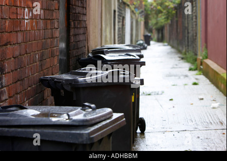 nassen Wheelie Kästen aufgereiht in der Gasse hinter viktorianischen Reihenhaus wohnen im Innenstadtbereich von North belfast Stockfoto