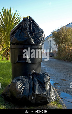 Mülleimer und Müll Taschen auf die Bordsteinkante zu erhebenden warten Stockfoto