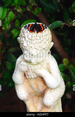 Red Admiral Schmetterling Vanessa Atalanta auf Fawn Gartenstatue England Stockfoto