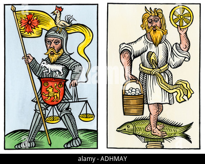 Hermensul Links, die Justiz und Crodon rechts, Götzen des alten Sachsen. Hand - farbige Holzschnitt Stockfoto