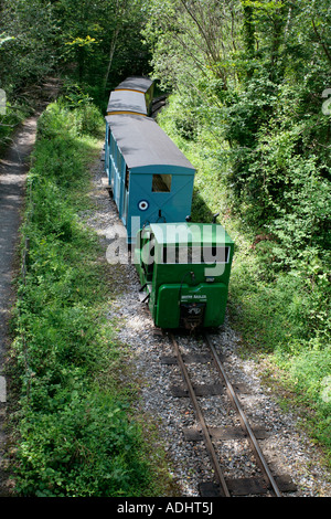 Kleinen Personenzug gezogen von einem Motor Schiene Simplex-Motor auf Schmalspurbahn bei Amberley arbeitendes Museum, Sussex, UK Stockfoto