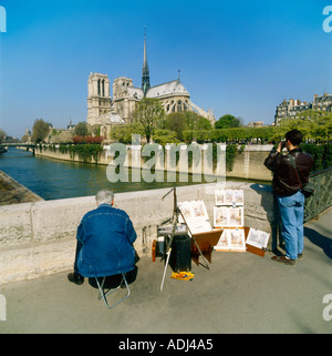 Künstler und Touristen Notre Dame Paris Frankreich Stockfoto