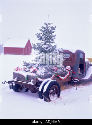 Weihnachts-Dekorationen auf alten LKW mit Schnee in der Nähe von Troja-Oregon Stockfoto