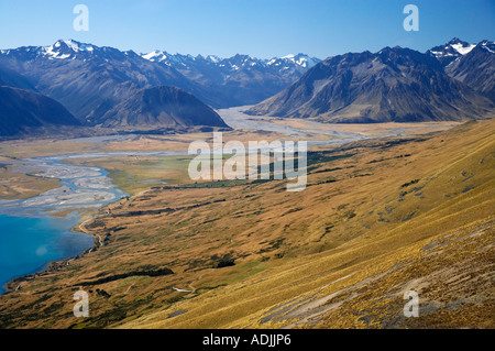 Lake Ohau Hopkins River und Segelflugzeuge Mackenzie Country Süd-Insel Neuseeland Stockfoto