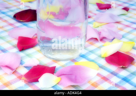 Wasserflasche mit Rosenblättern auf Tisch Sommer Lake Inn Oregon Stockfoto