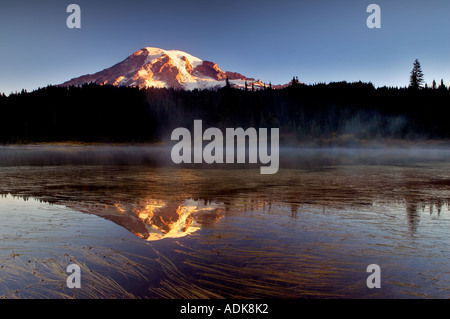 Spiegelung See mit Nebel und Herbst Gräser Mt Rainier Nationalpark Washington Stockfoto