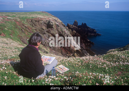 Künstler an der Klippe Skokholm Insel Pembrokeshire Dyfed West Wales UK Stockfoto