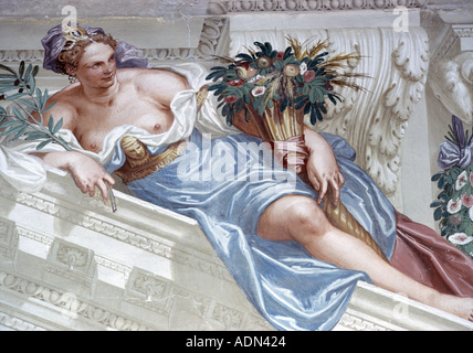 Fanzolo di Vedelago, Villa Emo, Gemaltes Portal Mit der Allegorischen Figur des Überflusses, Erbaut ca. 1564 Stockfoto