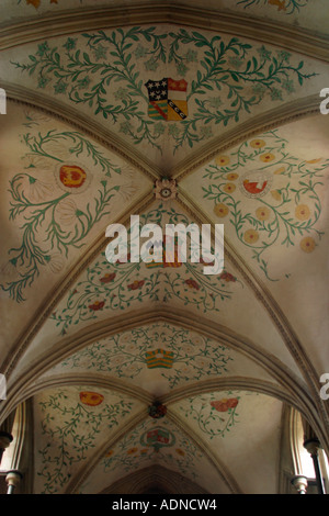 Exquisit bemalte Decke im Inneren der Pfarrkirche St. Mary und St-Blaise, Skelettteile, West Sussex, England Stockfoto