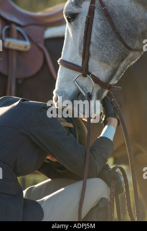 Ein bewegender Moment während der Waffenruhe zwischen Teen Mädchen und ihr Pferd beim Springreiten event Stockfoto