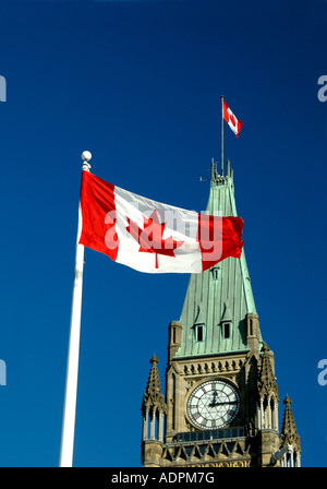 Kanadische Nationalflagge der Maple Leaf fliegt Vor dem Peace Tower ein Uhrturm auf dem Parliament Hill Ontario Kanada Stockfoto