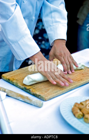 Paris Frankreich, "chinesischen Koch" Teig vorbereiten, für "Chinesische Ravioli" Detail arbeiten am Tisch Rollen "chinesisches Restaurant" Hände Stockfoto