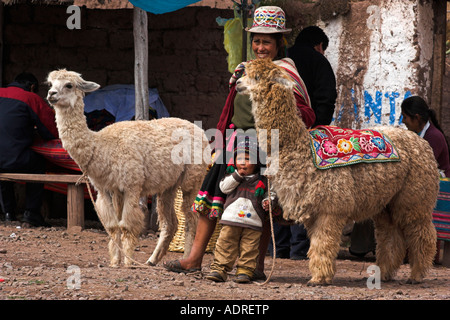 Quechua indische Mutter und Kind stehend mit Alpakas, ländlichen Straßenszene, [Sacred Valley], Peru, Anden, "Südamerika" Stockfoto