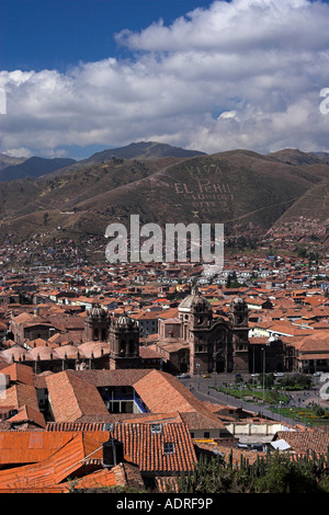 Cusco (Cuzco), Hauptstadt der Inka, Luftaufnahme von La Compania und alte Kolonialbauten, Peru, Anden, "Südamerika" Stockfoto