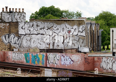 Frau von Graffiti in den Schatten gestellt. Herne Hill, Süd-London, England Stockfoto