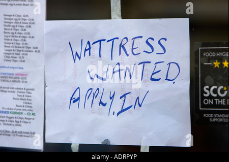 Wattress wollte gelten in der hand schriftlichen tragen Kellnerin Schild im Fenster des Take away Café in belfast Stockfoto