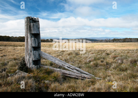 Eine alte Post auf einer Wiese in den australischen Alpen. Stockfoto