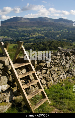 Hölzernen Stil über Trockenmauer am Abgrund Walk nahe Ortszentrum Gwynedd Snowdonia National park Stockfoto