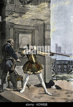 König Karl IX. An der Saint Bartholomews Tag Massaker an den französischen Protestanten 1572. Hand - farbige Holzschnitt Stockfoto