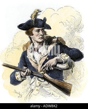 Continental Soldat seine flintlock Musket in der Amerikanischen Revolution laden. Hand - farbige Holzschnitt eines Darley Abbildung Stockfoto