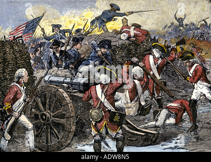 Amerikaner Erfassen einer britischen Redoubt in der Schlacht von Yorktown 1781. Hand - farbige Holzschnitt Stockfoto