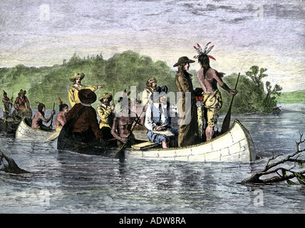Jacques Marquette und Louis Joliet das erste weiße Männer auf der oberen Mississippi River 1673. Hand - farbige Holzschnitt Stockfoto
