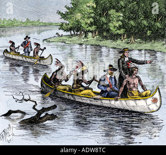 Jacques Marquette und Louis Joliet am oberen Mississippi River im Kanu 1673. Hand - farbige Holzschnitt Stockfoto