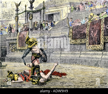 Gladiator behaupten Sieg nach dem Kampf in einer Arena im alten Rom. Hand - farbige Holzschnitt Stockfoto