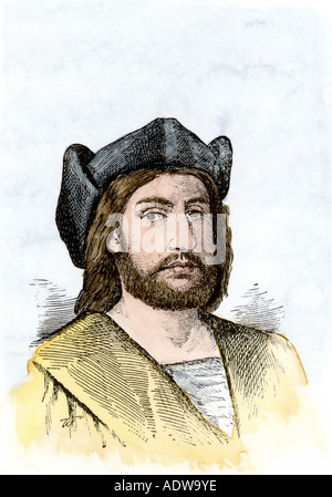 Christopher Columbus portrait. Hand - farbige Holzschnitt Stockfoto