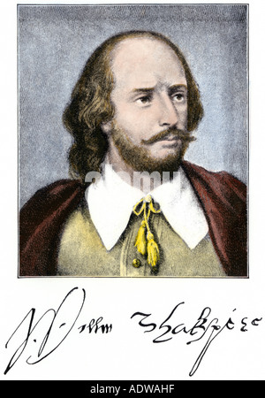 William Shakespeare mit Autogramm. Handcolorierte halftone einer Abbildung Stockfoto