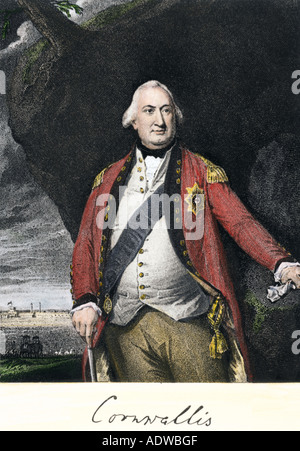 Der britische General Charles Cornwallis bei Yorktown, die in der Amerikanischen Revolution kapituliert. Hand - farbige Gravur Stockfoto