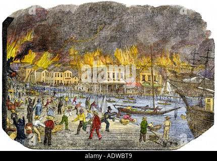 Große Feuer in San Francisco aus einen Blick auf die Waterfront 1851. Hand - farbige Holzschnitt Stockfoto