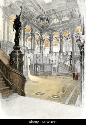 Main Hall und dem großen Treppenhaus der neuen Bibliothek des Kongresses Gebäude 1890. Hand - farbige Holzschnitt Stockfoto