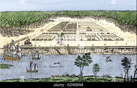Anfang der Savanne wie von James Oglethorpe im Jahre 1741 gegründet. Hand - farbige Holzschnitt Stockfoto