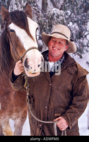 Mann und Clydesdale, Australien Stockfoto