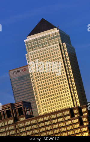 Abenddämmerung Schrägansicht von Canary Wharf Tower und anderen Gebäuden in den Docklands auf der Isle of Dogs in London. Stockfoto