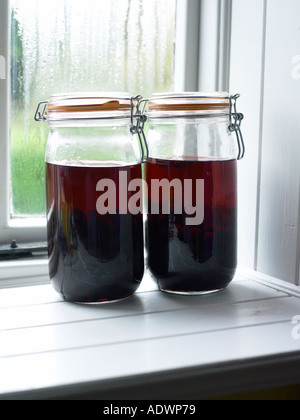 zwei Gläser von Sloe Gin auf einem Fensterbrett Stockfoto