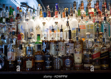 Geist und Whisky-Flaschen aufgereiht entlang bar Georgetown Washington DC USA Stockfoto