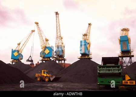 EINE MECHANISCHE DIGGER RADLADER CATERPILLAR CAT 972G IN EINEM KOHLE-KAI AUF DAS DOCKSIDE EINEN HAFEN IN NEWPORT SOUTH WALES UK Stockfoto