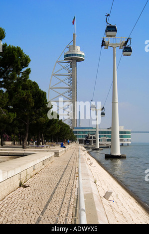 Blick auf die Küste in der Beirolas Region von Lissabon, Portugal. Vasco Da Gama Turm am Ende des Parque Das Nações zeigt. Stockfoto