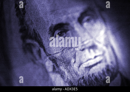 Nahaufnahme von Abraham Lincoln s Gesicht auf der Rückseite Rückseite eine fünf 5-Dollar-Rechnung Hinweis Geld Stockfoto