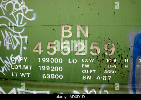 Graffiti auf Seite der Burlington Northern Güterwagen Stockfoto